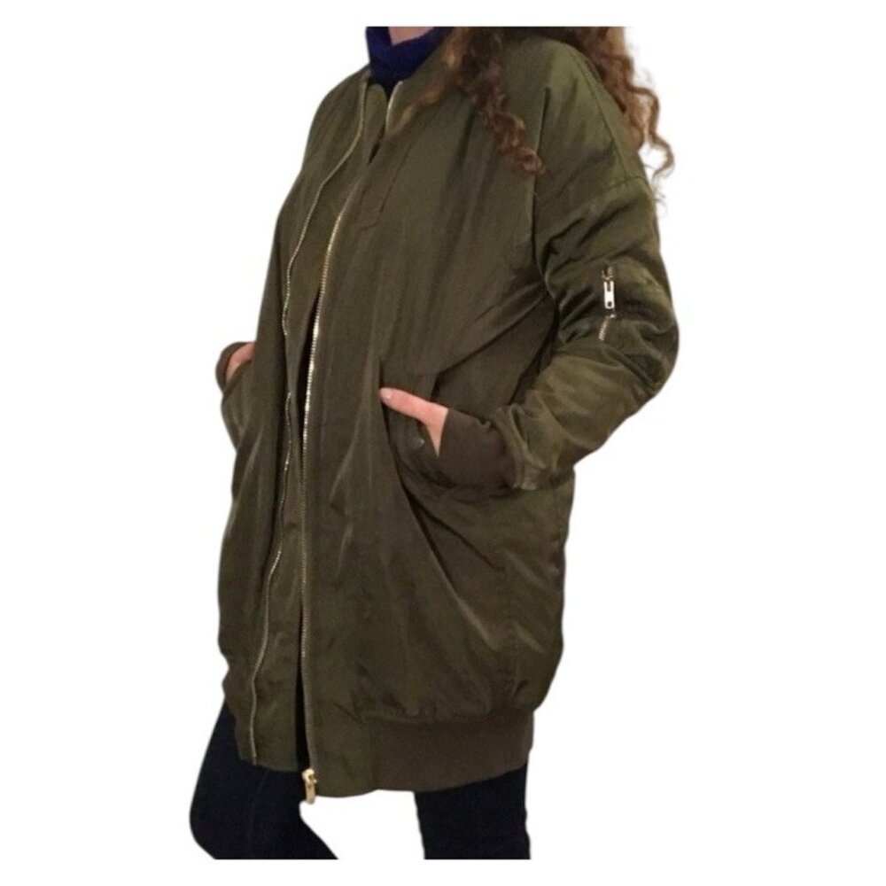 Dance & Marvel Green Long Full Zip Casual Hipster Classic Bomber Jacket Large